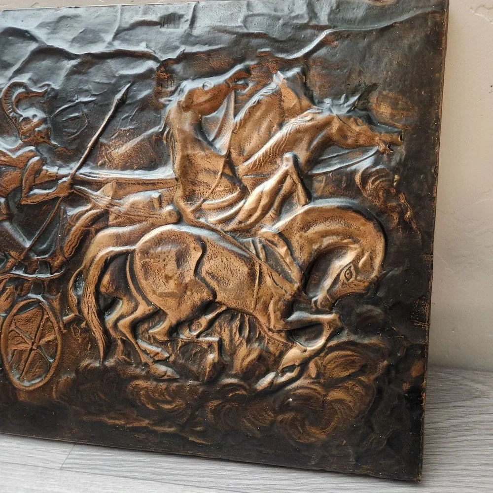 Vintage Cooper Greek Chariot Wall Art Plaque Relief Hand Hammered Mythology Mid